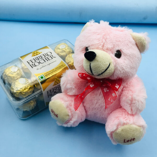 cute Pink Teddy With Ferrero Rocher Box