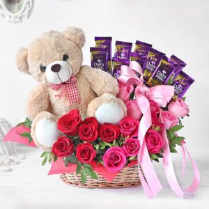 Bouquet of Assorted Roses with Chocolates & Teddy Bear